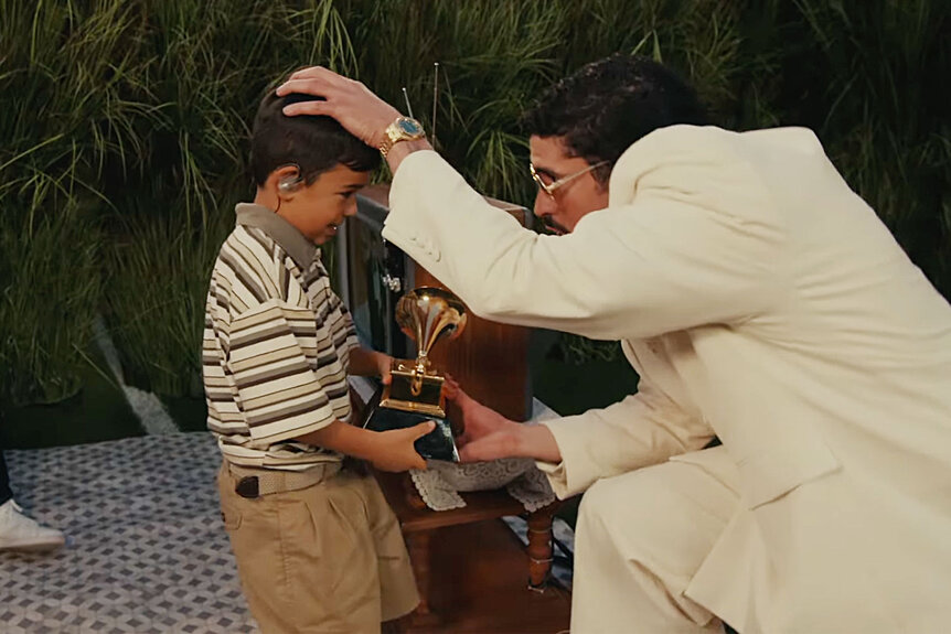 Lincoln Fox as a young Bad Bunny during the Super Bowl LX Halftime Show